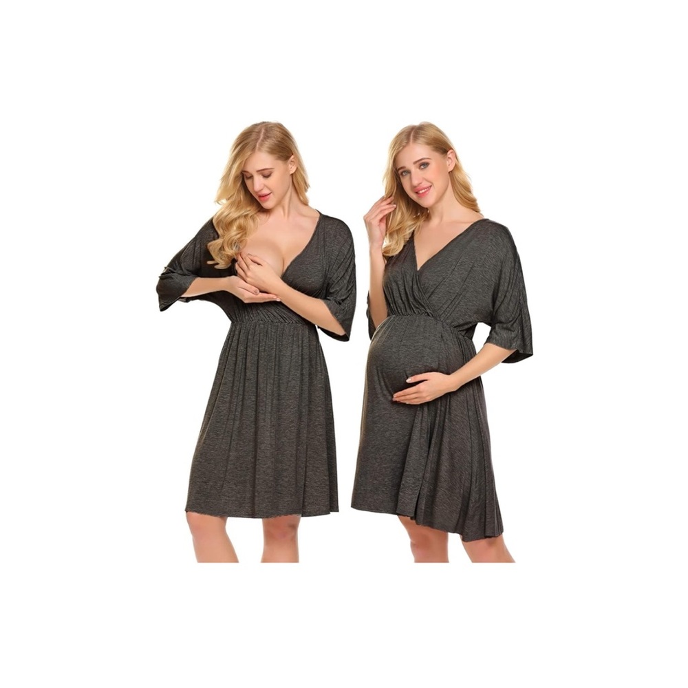 Maternity V-Neck Short Sleeve Wrap Dress - Dark Gray - Picture 2 of 4